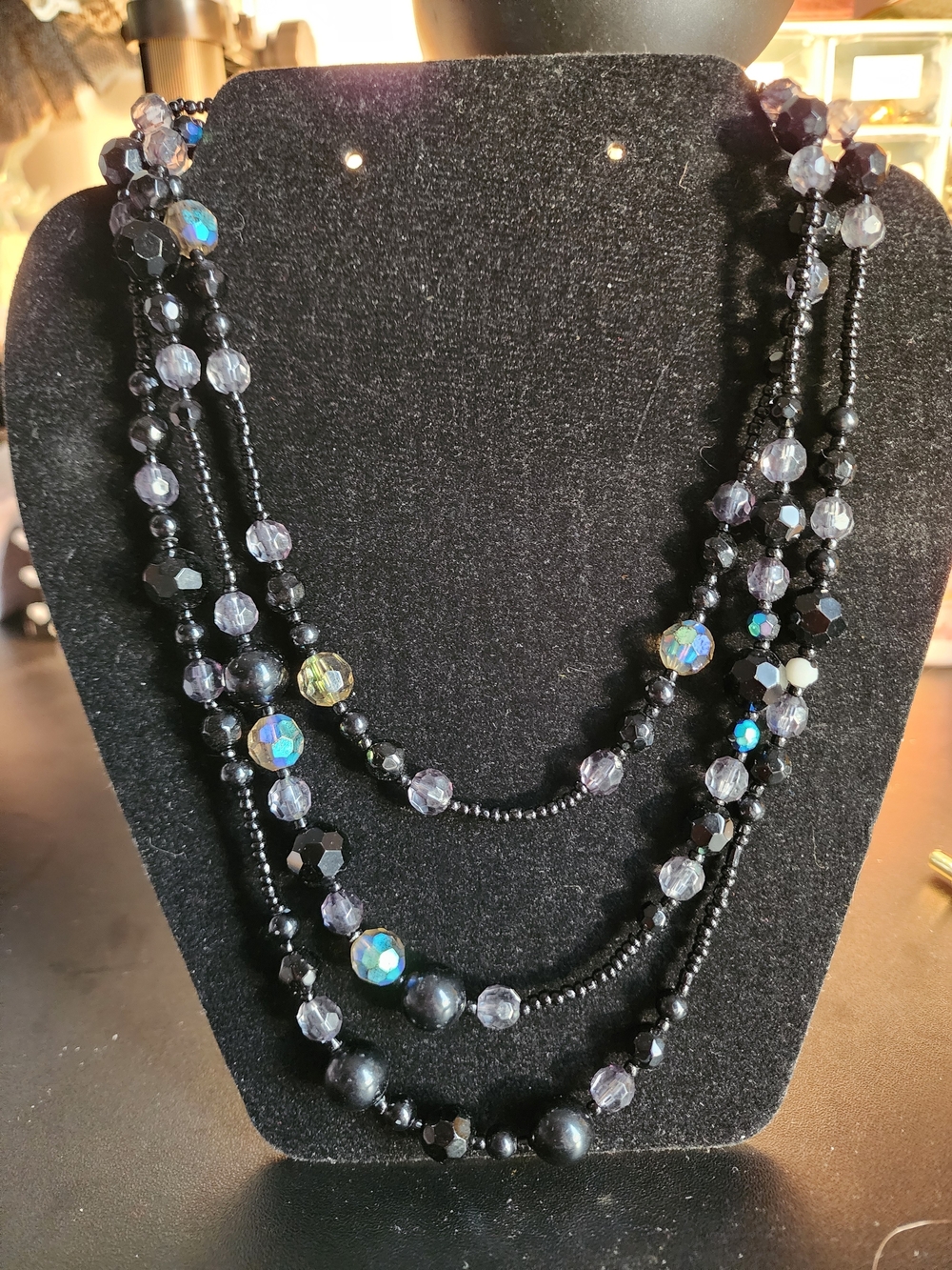 Vintage Flapper Multi-Strand Black and Iridescent Beaded Necklace.